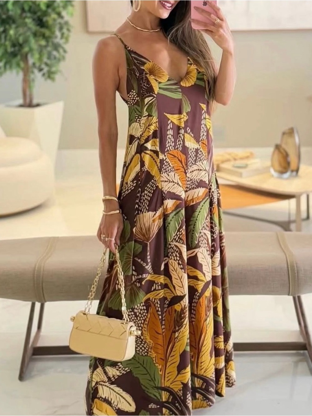 FARM Rio Brown, Green & Yellow Wide-Leg Jumpsuit Size M - Picture 3 of 4